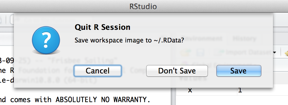 The dialog box that shows up when you try to close RStudio.