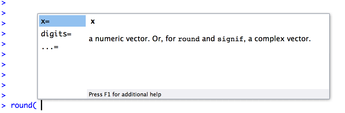 If you've typed the name of a function already along with the left parenthesis and then hit the "tab" key, RStudio brings up a different window to the one shown above. This one lists all the arguments to the function on the left, and information about each argument on the right.