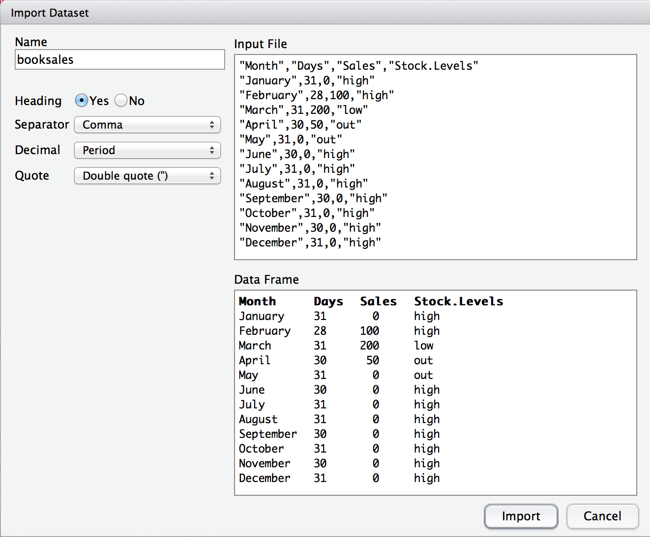 The RStudio window for importing a CSV file into R