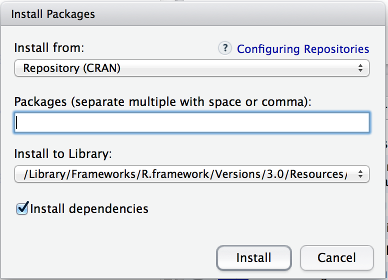 The package installation dialog box in RStudio